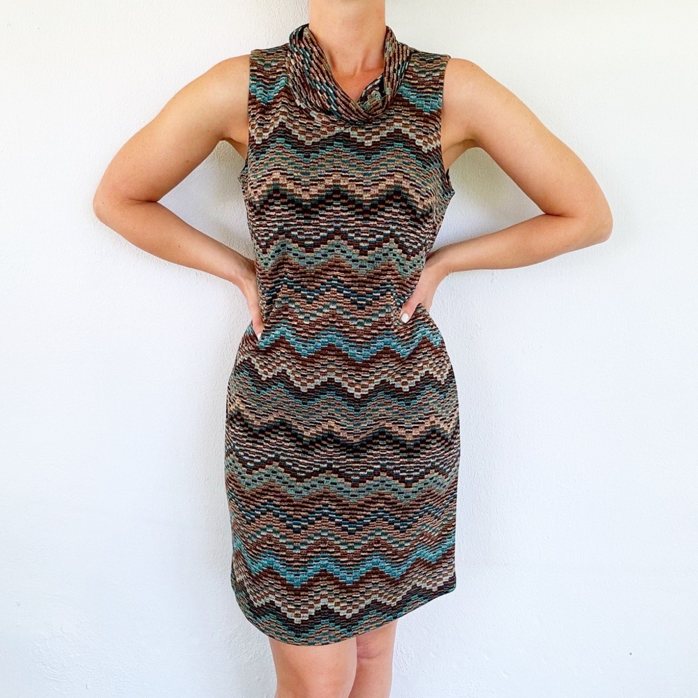 Dressbarn blue brown retro mod style sleeveless cowl neck shift dress size 6
